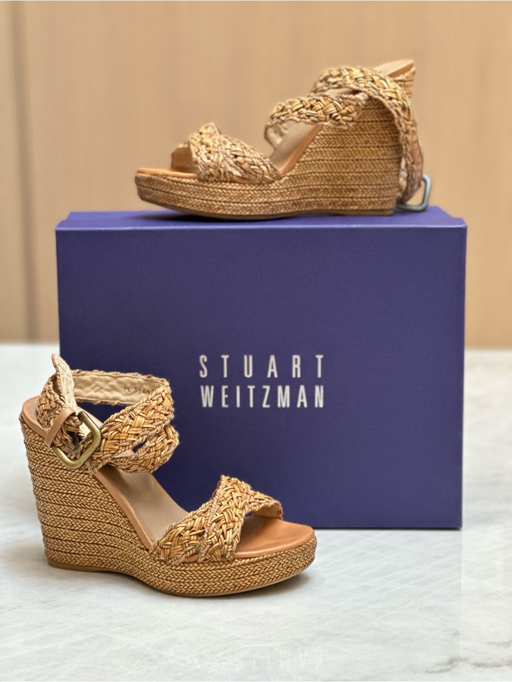 Stuart Weitzman Braided Hoopla Wedges in Camel Weave